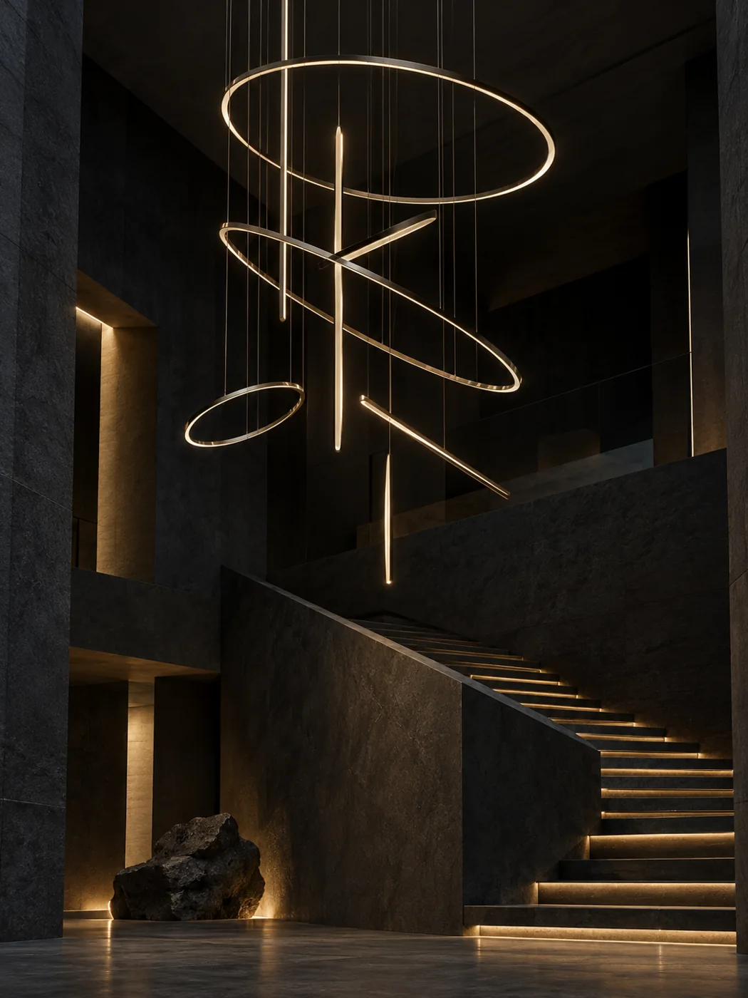 Suspended sculptural lighting installation above a concrete stairwell